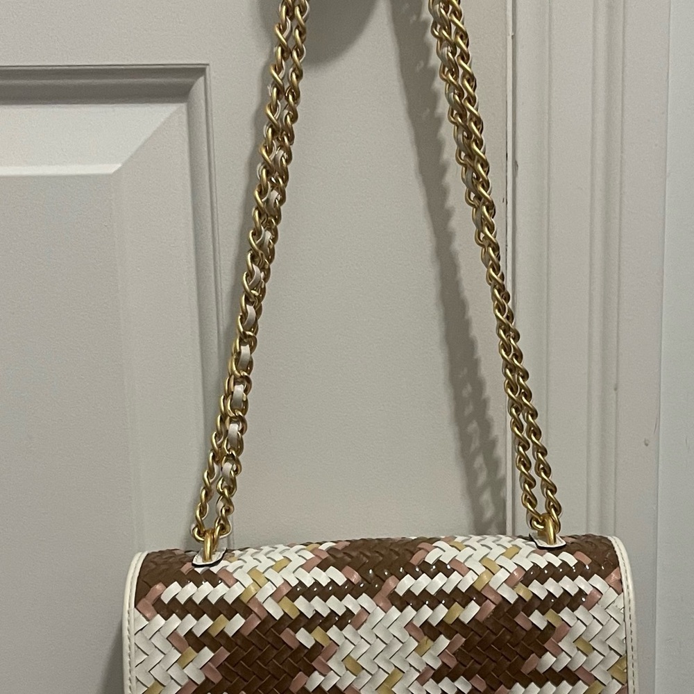 Tory Burch Woven Shoulder Bag - Brown, white and pink